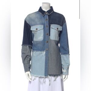 Retrofête Patchwork Distressed Denim Jacket - Blue